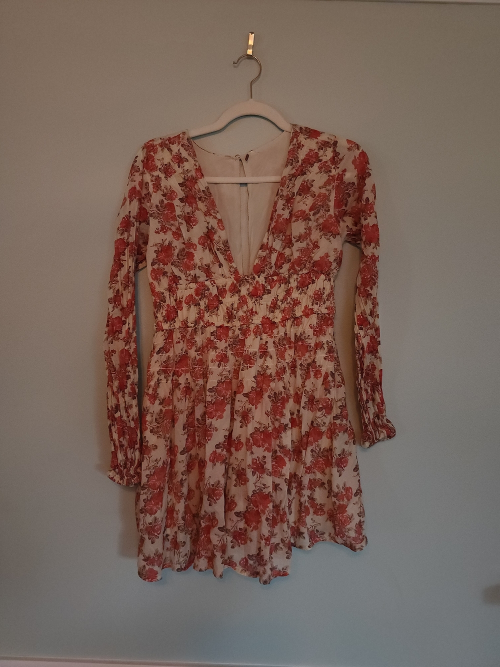 Free People Cream Long-Sleeve Dress with Coral Floral Print